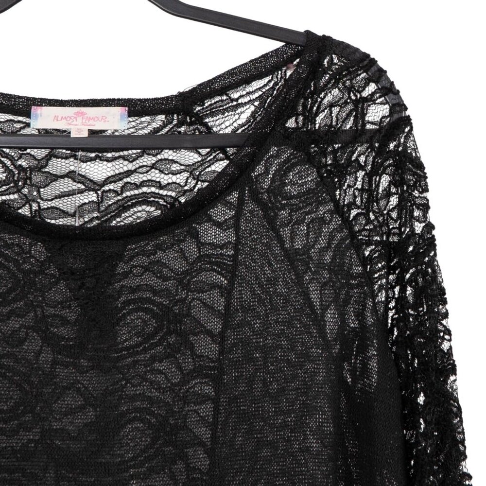 Sheer Lace Shirt XL Black Long Sleeve Top Elegant Boho Whimsigoth Hi-Low Fairy - Picture 2 of 6